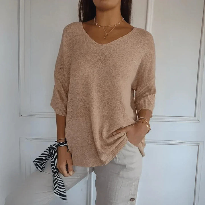 Astrid | Women's Relaxed V-Neck Knit Top with 3/4 Sleeves - Coral - Image 8
