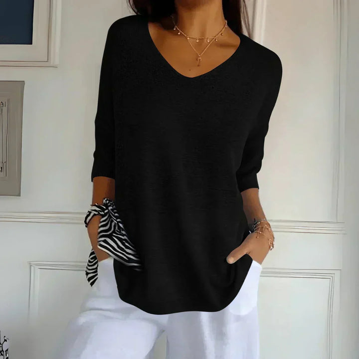Astrid | Women's Relaxed V-Neck Knit Top with 3/4 Sleeves - Coral - Image 7