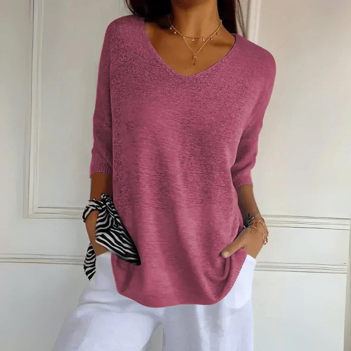 Astrid | Women's Relaxed V-Neck Knit Top with 3/4 Sleeves - Coral - Image 5
