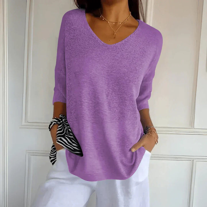 Astrid | Women's Relaxed V-Neck Knit Top with 3/4 Sleeves - Coral - Image 6