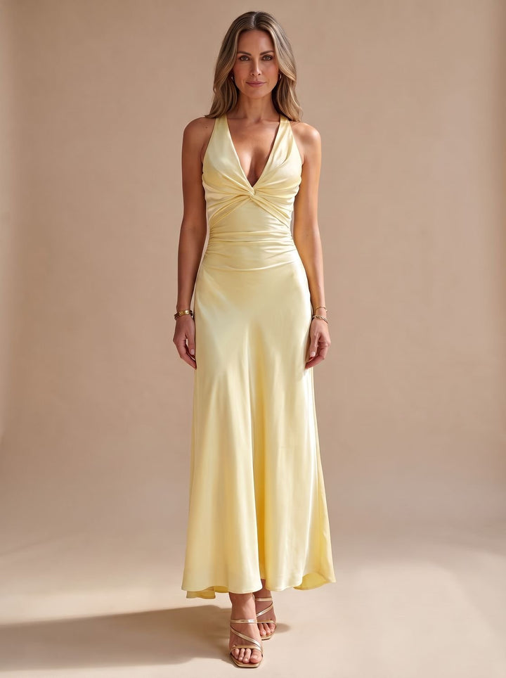 Lorenne | Women's Halter Neck Backless Maxi Dress - Yellow - Image 2