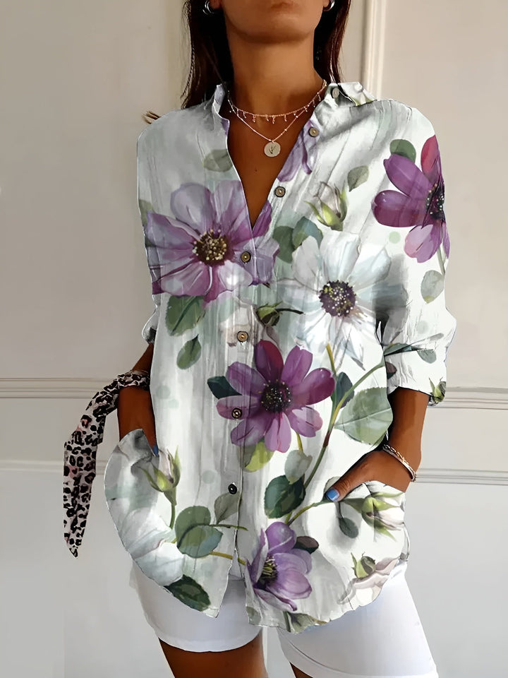Lorette | Women's Floral Print Relaxed Button-Up Shirt - Sage - Image 8