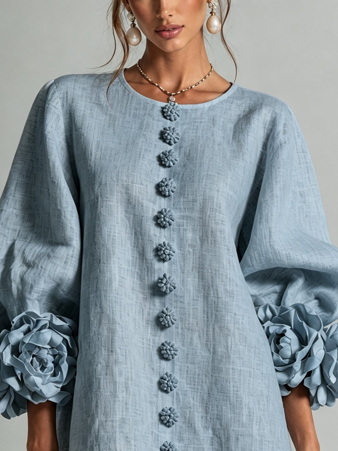 Lorravel | Women's Floral Cuff Button-Front Mini Dress - Light Blue - Image 1