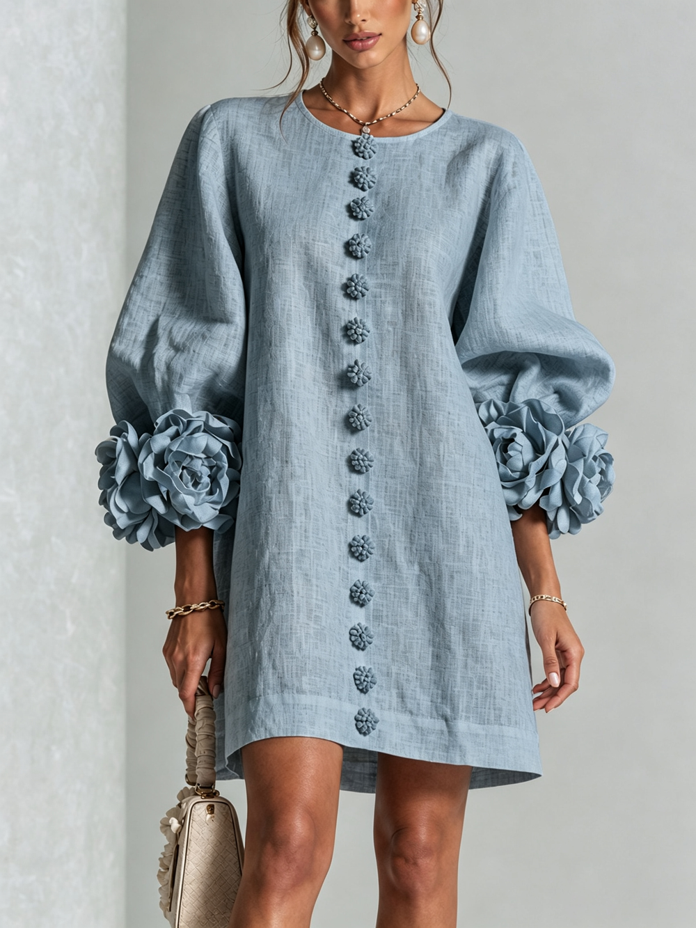Lorravel | Women's Floral Cuff Button-Front Mini Dress - Light Blue - Image 2