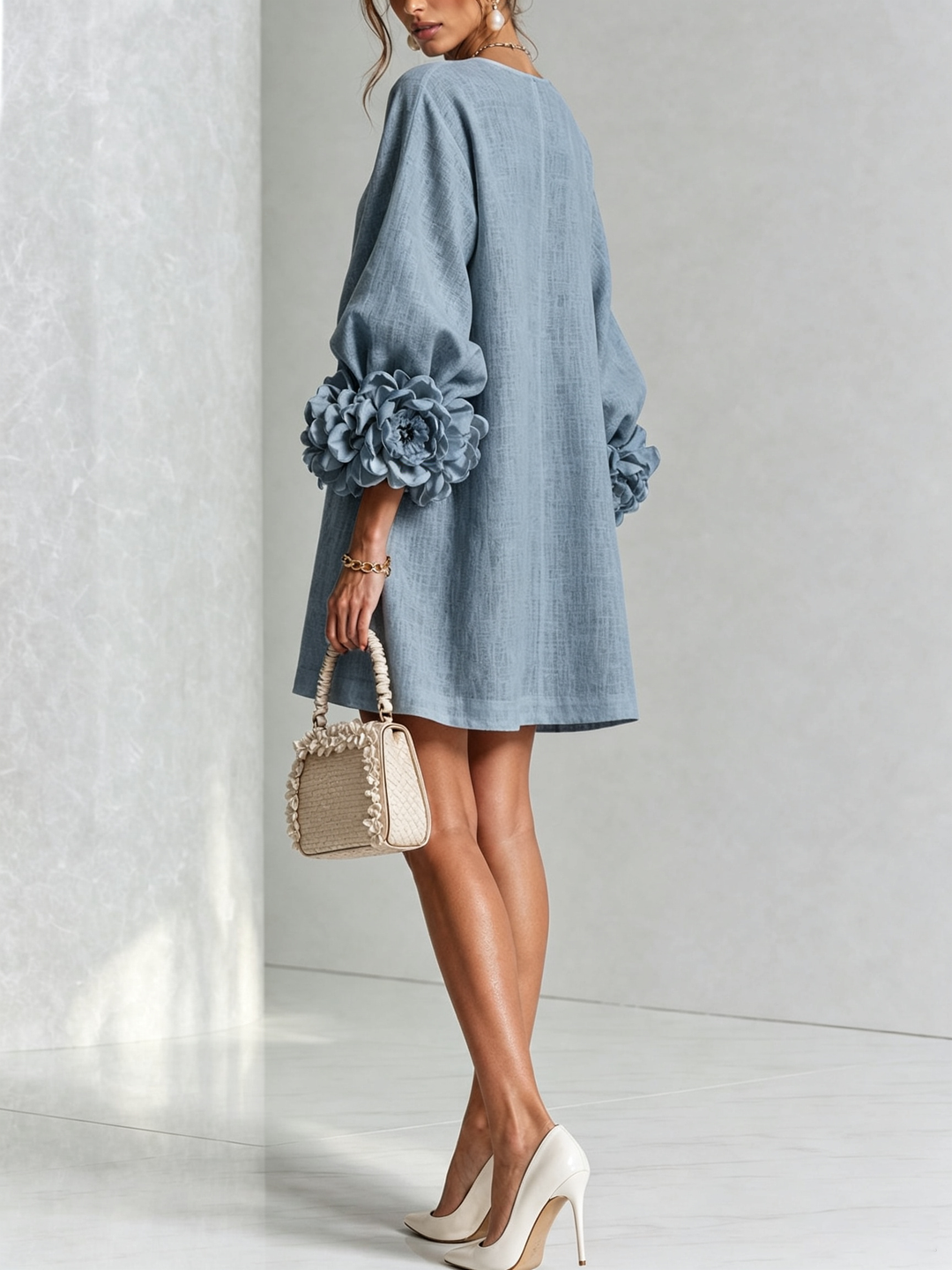Lorravel | Women's Floral Cuff Button-Front Mini Dress - Light Blue - Image 4