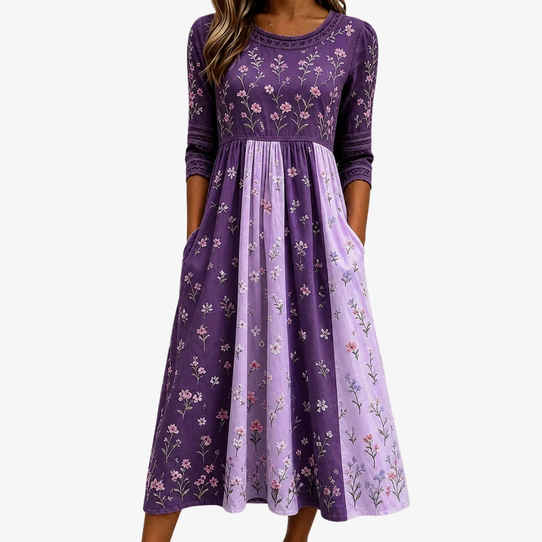 Lorvaine | Women's Floral Midi Dress 3/4 Sleeve - Purple - Image 1