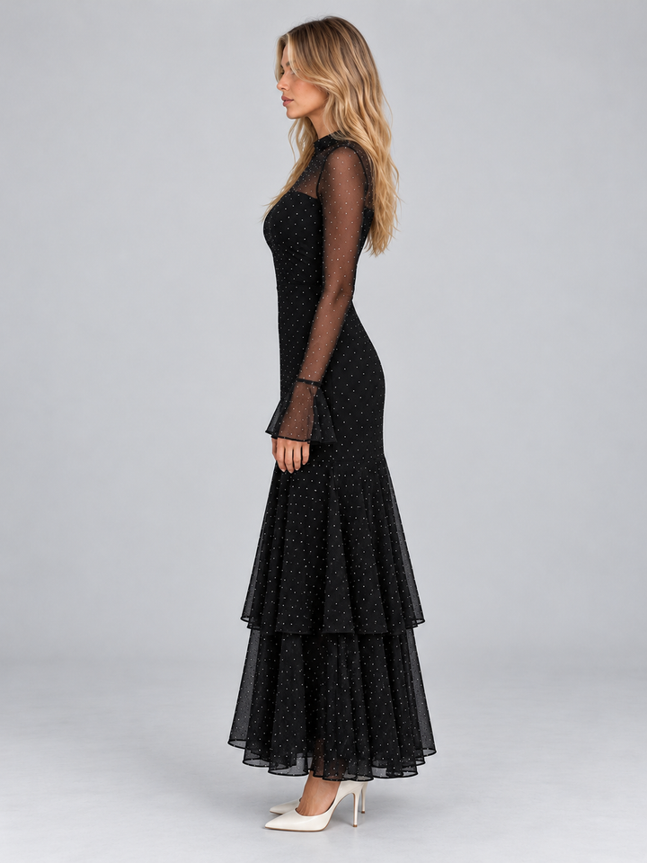 Lorvaine | Women's Long Sleeve Mesh Maxi Dress - Black - Image 3