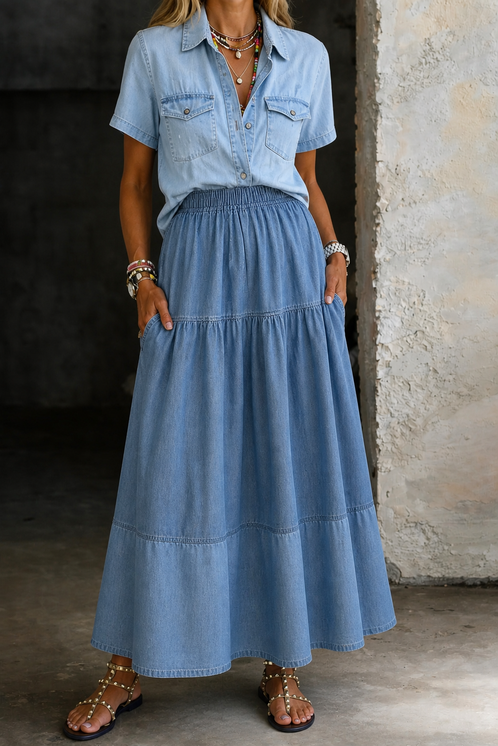 Lorwenna | Women's Denim Maxi Skirt Tiered - Light Blue - Image 1