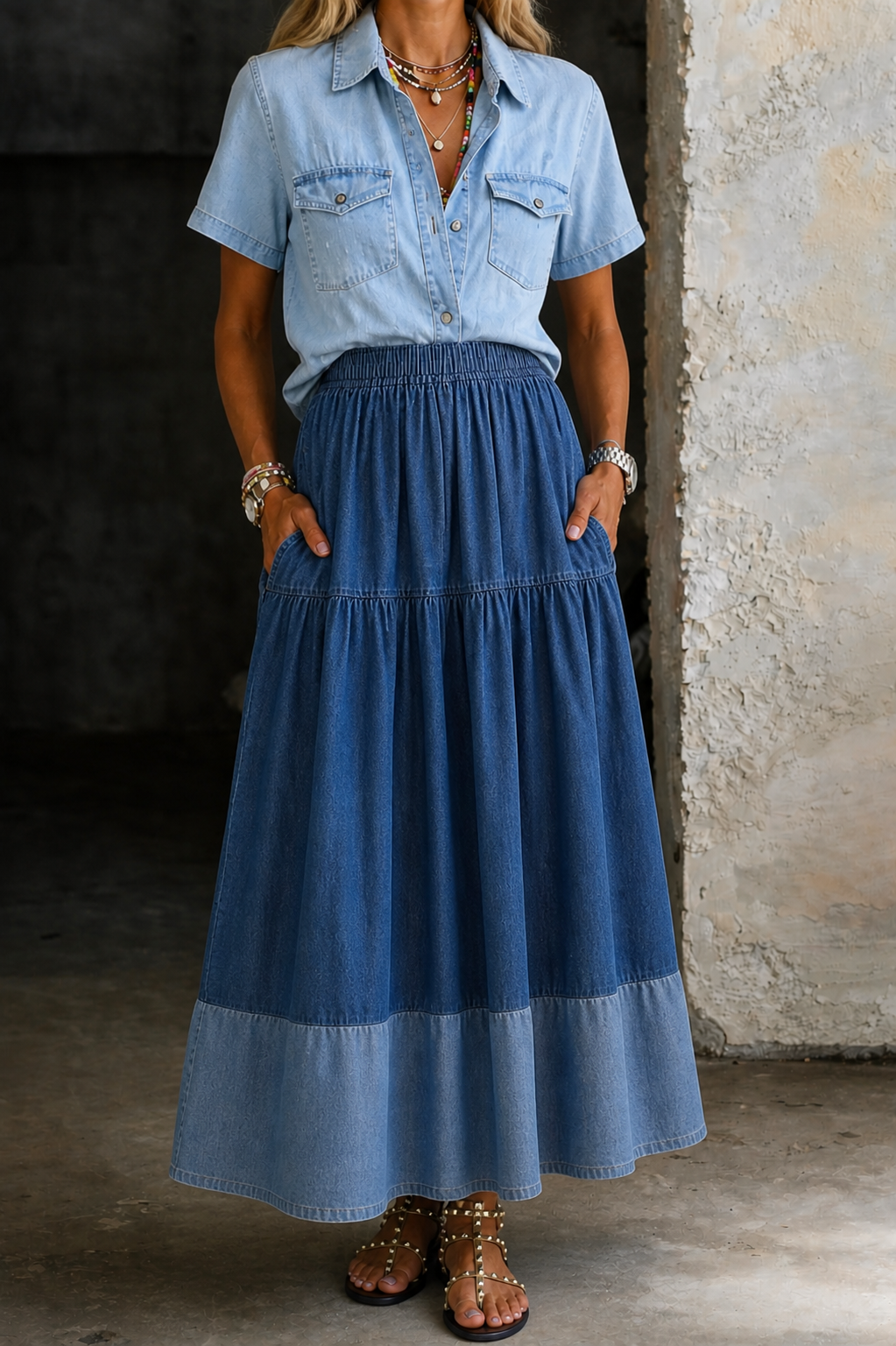 Lorwenna | Women's Denim Maxi Skirt Tiered - Light Blue - Image 2