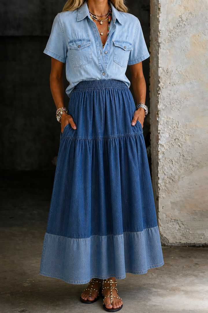 Lorwenna | Women's Denim Maxi Skirt Tiered - Light Blue - Image 2