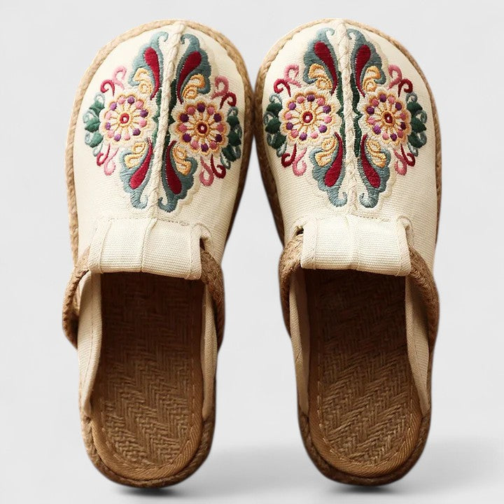 Lucinda | Women's Floral Embroidered Flat Mules - Red - Image 2
