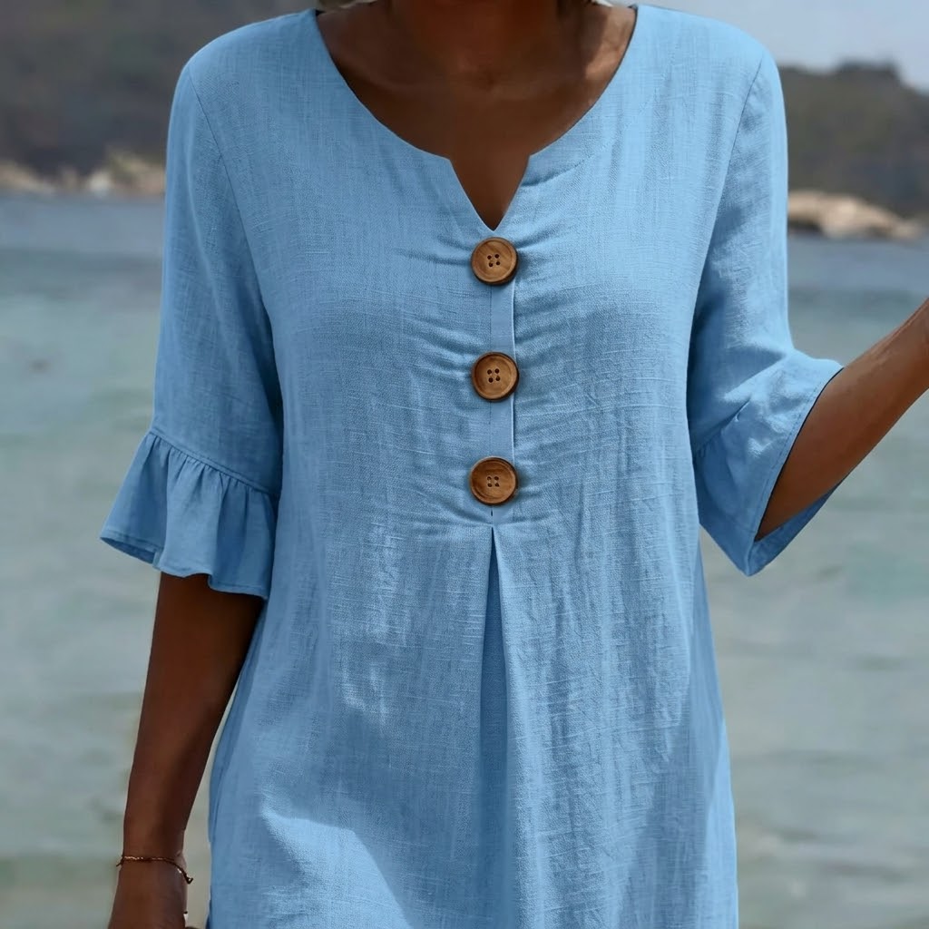 Lumara | Women's Casual Midi Dress with Button Detail - Light Blue - Image 5