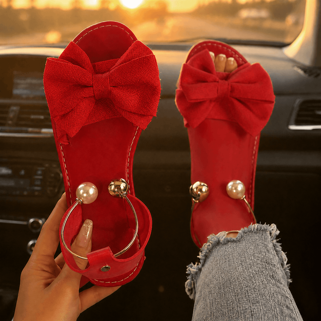 Vennla | Women's Bow Flat Sandals with Pearl Ankle Cuff