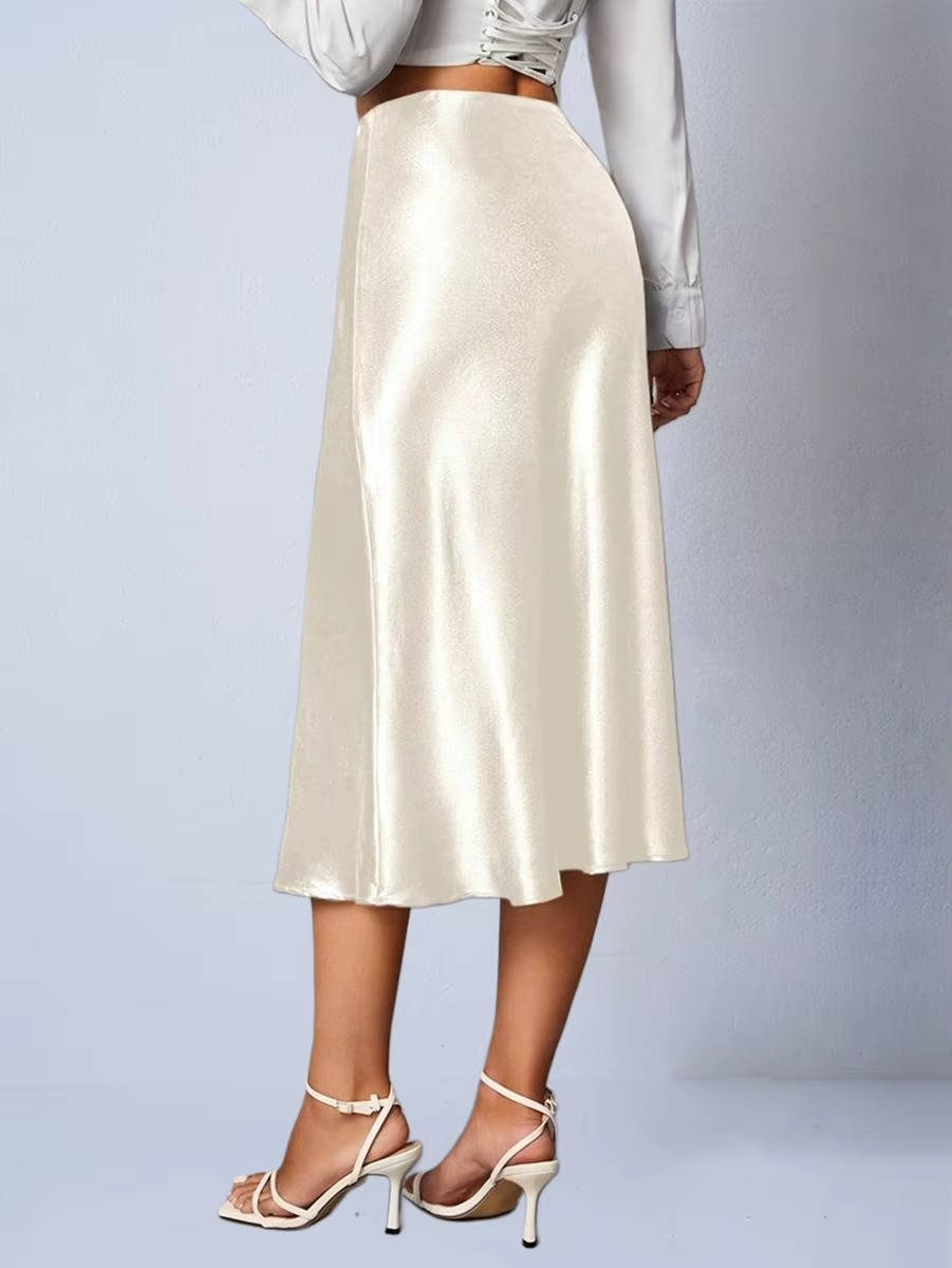 Luvindra | Women's Satin Midi Skirt High Waist A-Line - Champagne - Image 3