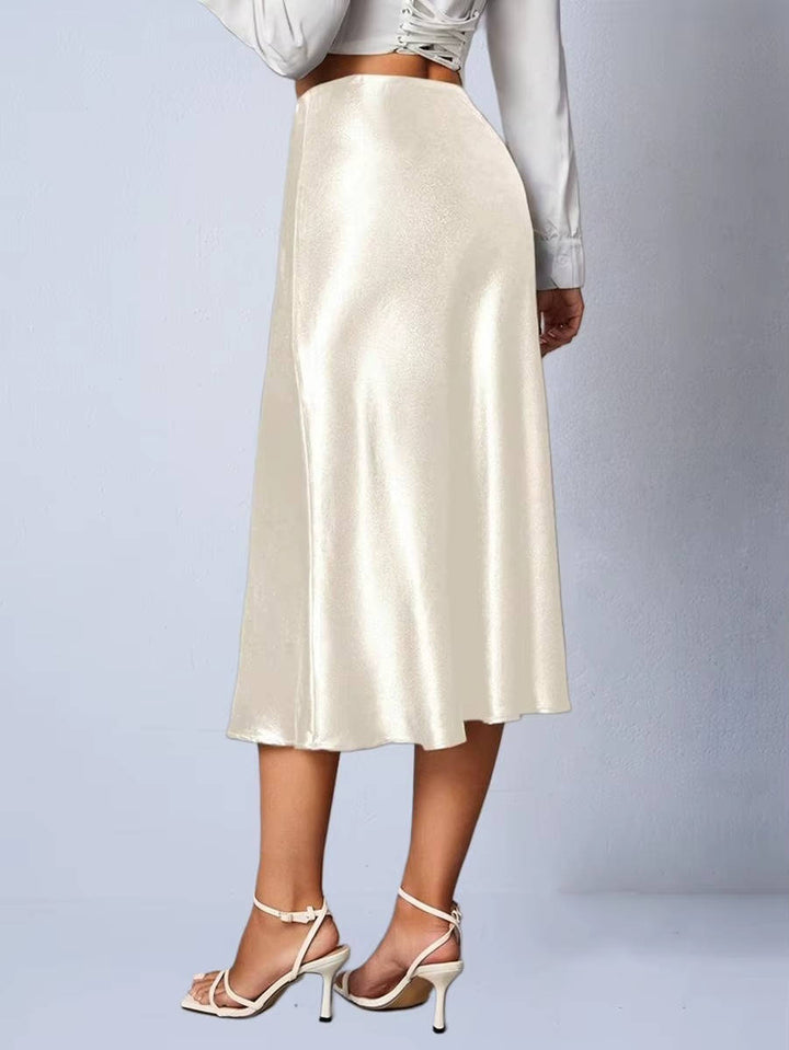 Luvindra | Women's Satin Midi Skirt High Waist A-Line - Champagne - Image 3