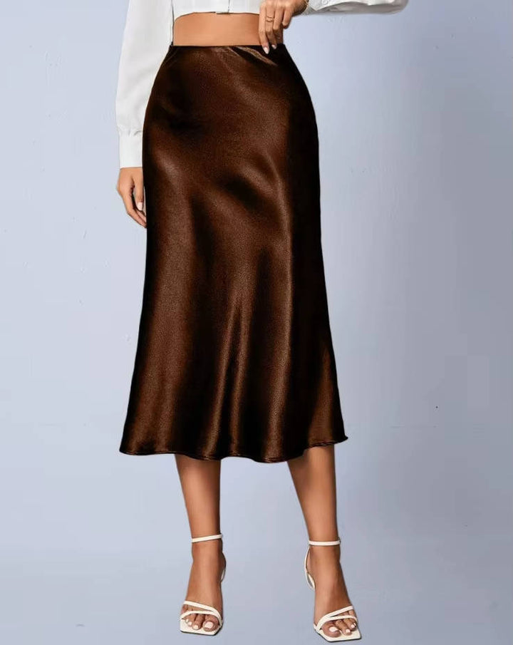 Luvindra | Women's Satin Midi Skirt High Waist A-Line - Champagne - Image 4