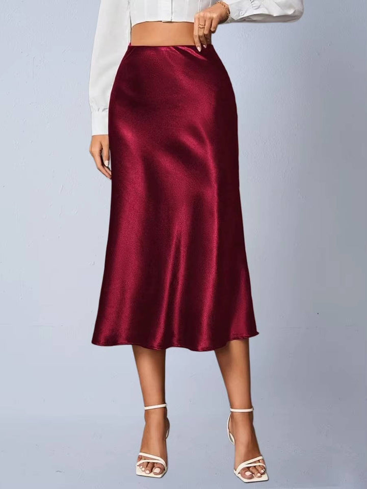 Luvindra | Women's Satin Midi Skirt High Waist A-Line - Champagne - Image 5