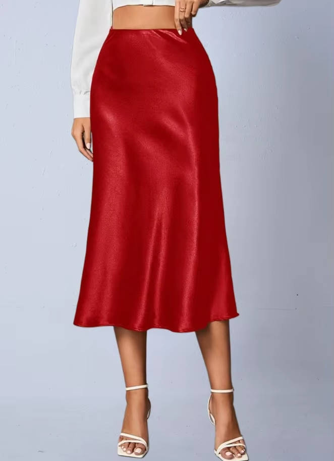 Luvindra | Women's Satin Midi Skirt High Waist A-Line - Champagne - Image 6