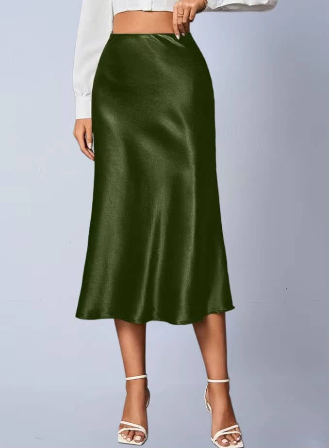 Luvindra | Women's Satin Midi Skirt High Waist A-Line - Champagne - Image 7