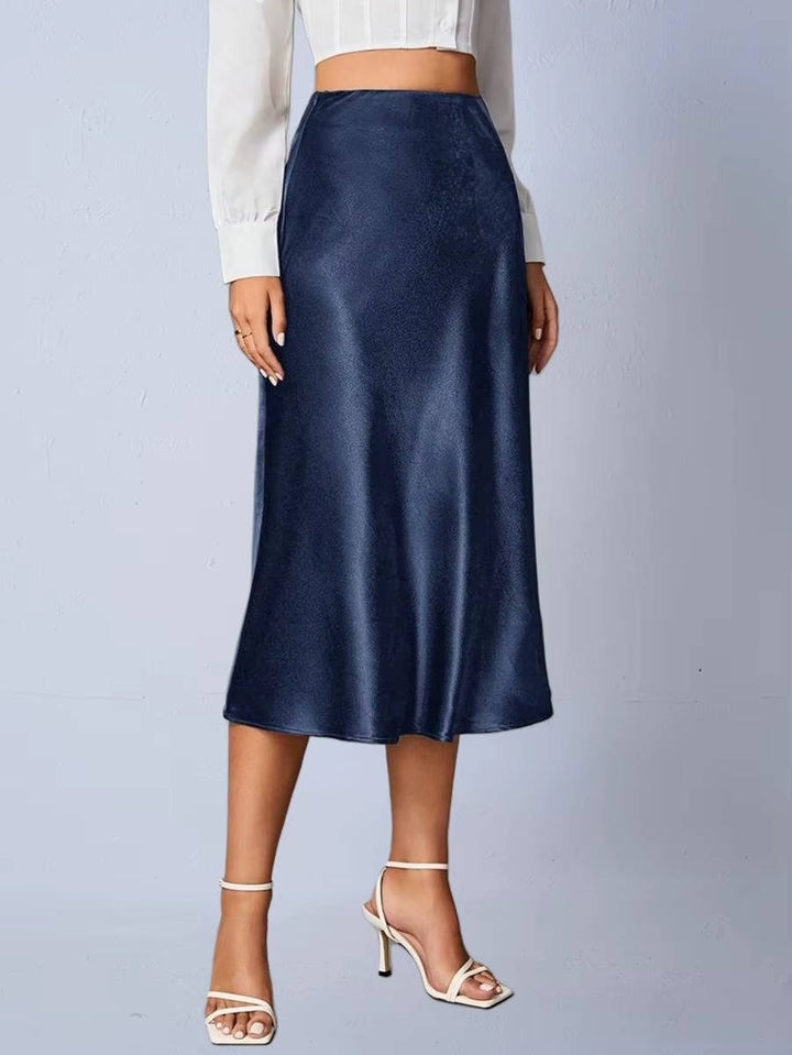 Luvindra | Women's Satin Midi Skirt High Waist A-Line - Champagne - Image 8