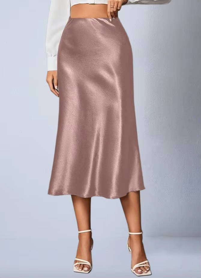 Luvindra | Women's Satin Midi Skirt High Waist A-Line - Champagne - Image 9