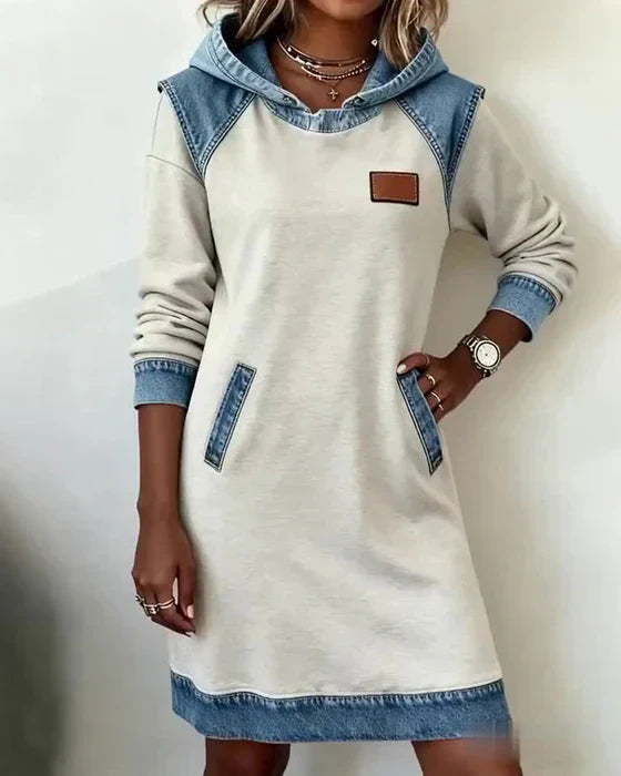 Lydia | Women's Contrast Hooded Midi Dress - Beige - Image 1