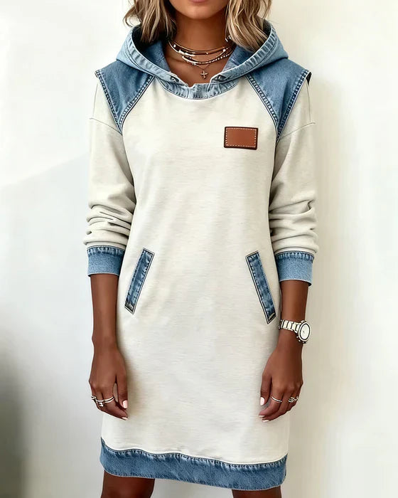 Lydia | Women's Contrast Hooded Midi Dress - Beige - Image 2