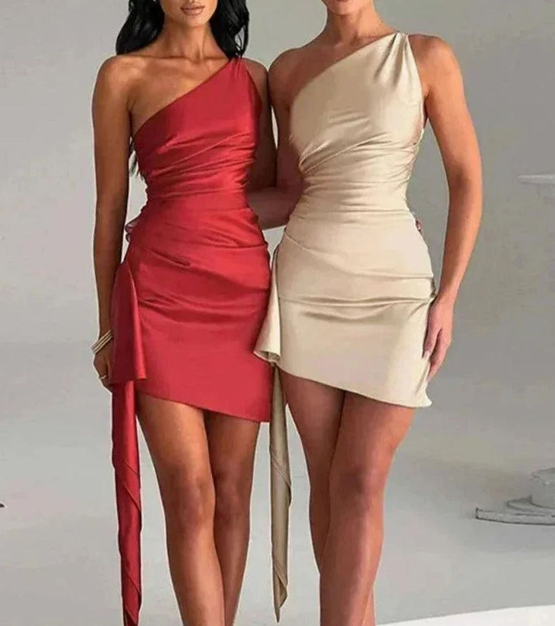 Lyndave | Women's Wedding Guest Dress One Shoulder Mini - Champagne - Image 4