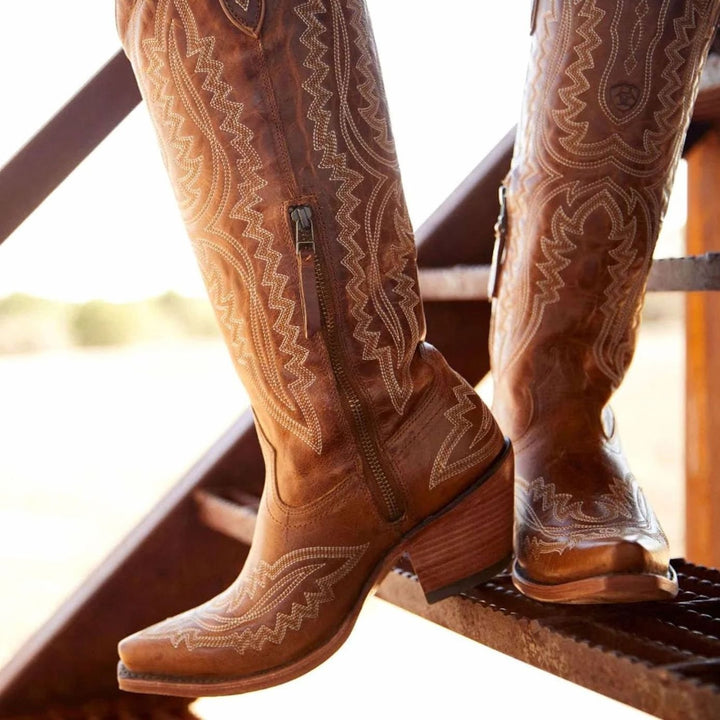 Lyndova | Women's Block Heel Knee-High Cowboy Boots - Light Pink - Image 4