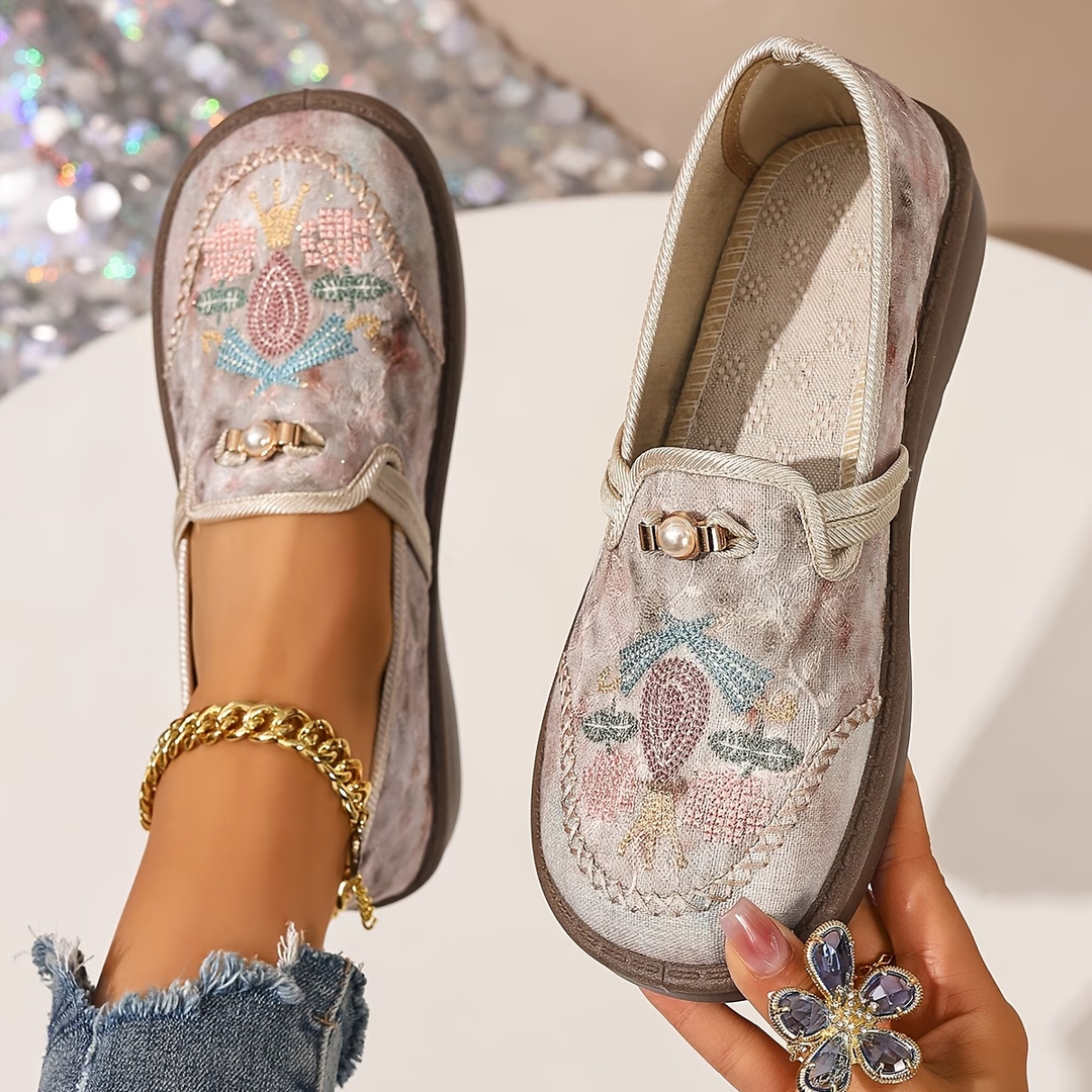 Maeve | Women's Floral Embellished Flat Shoes - Beige - Image 1