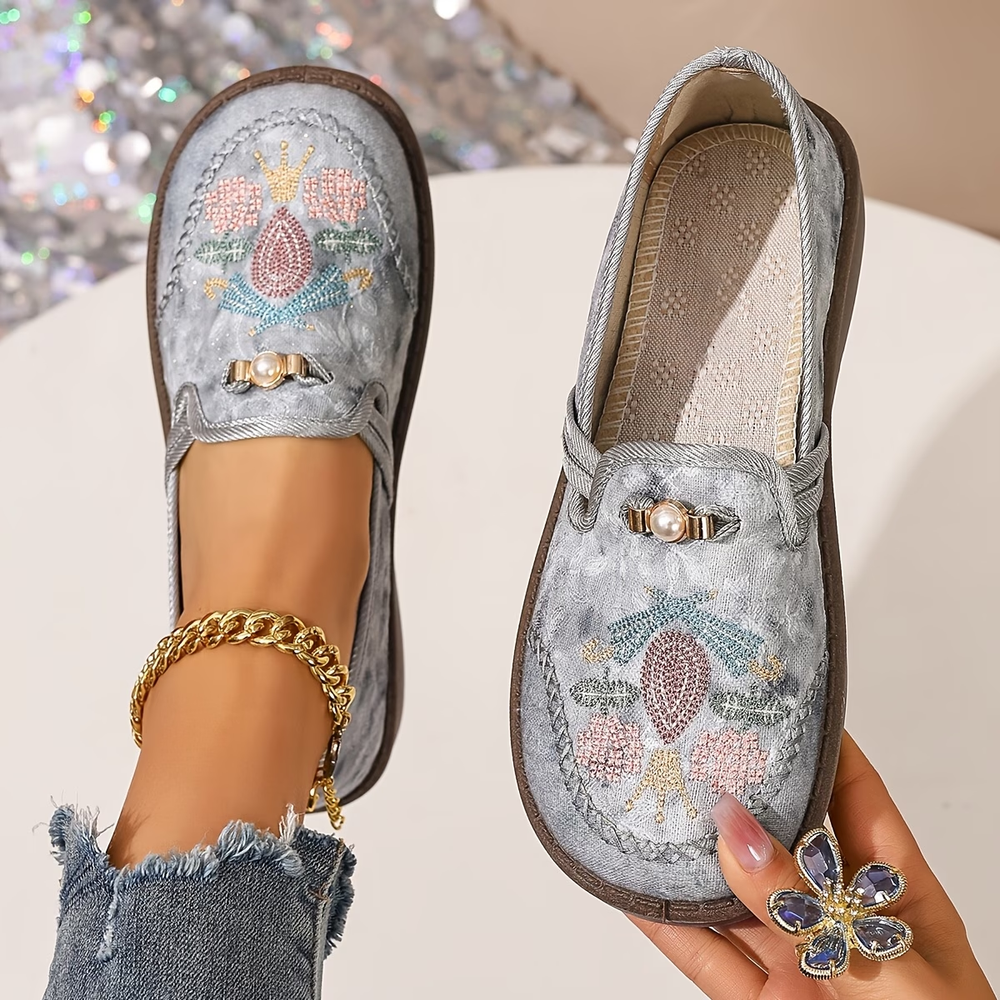Maeve | Women's Floral Embellished Flat Shoes - Beige - Image 2