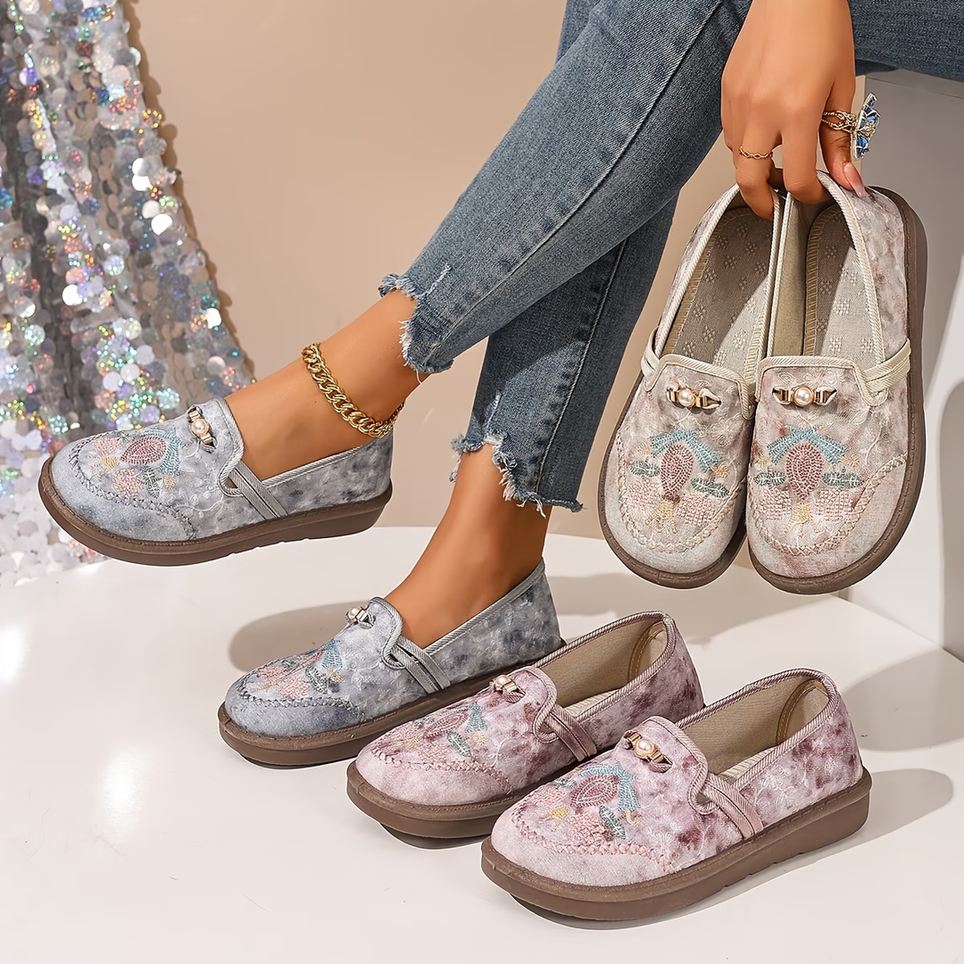 Maeve | Women's Floral Embellished Flat Shoes - Beige - Image 4