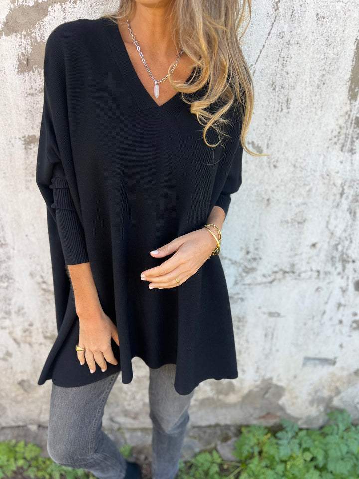 Maeve | Women's Oversized V-Neck Long Sleeve Top - Black - Image 1