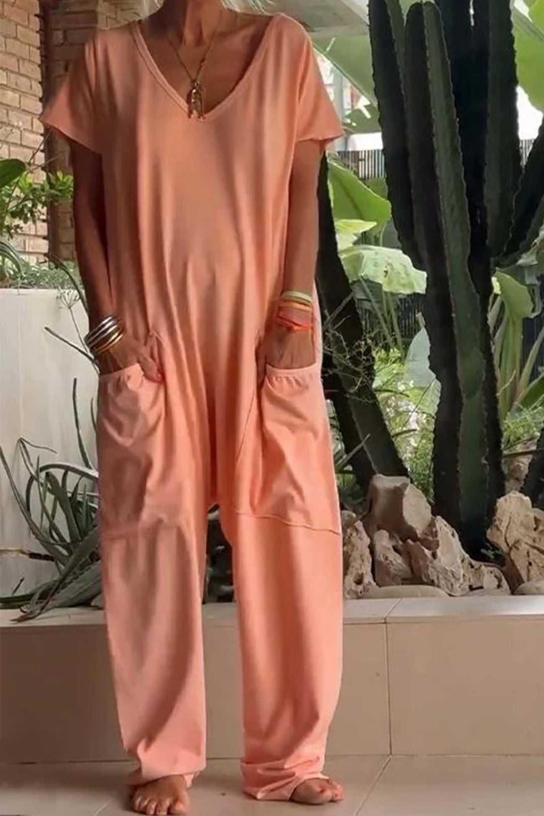 Magnolia | Women's V-Neck Wide Leg Jumpsuit - Pink - Image 4