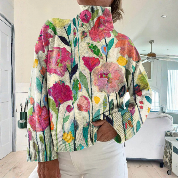 Marigold | Women's Floral Turtleneck Sweater - Floral - Image 1