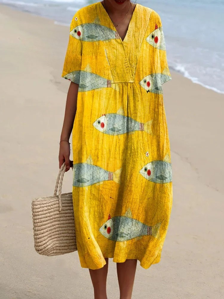Marlena | Women's Fish Print Relaxed Midi Dress - Yellow - Image 1