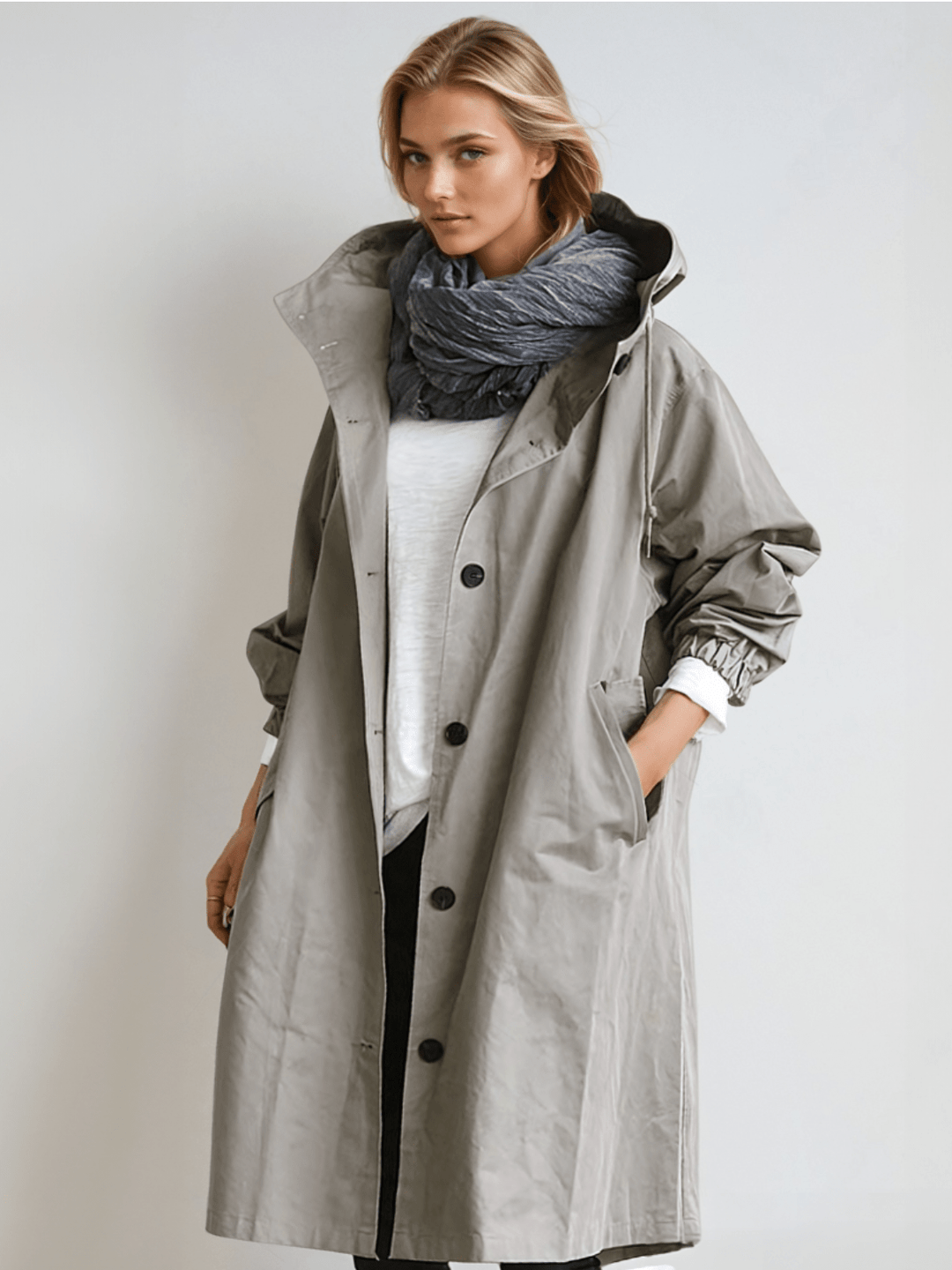 Marlena | Women's Hooded Long Trench Coat - Beige - Image 3