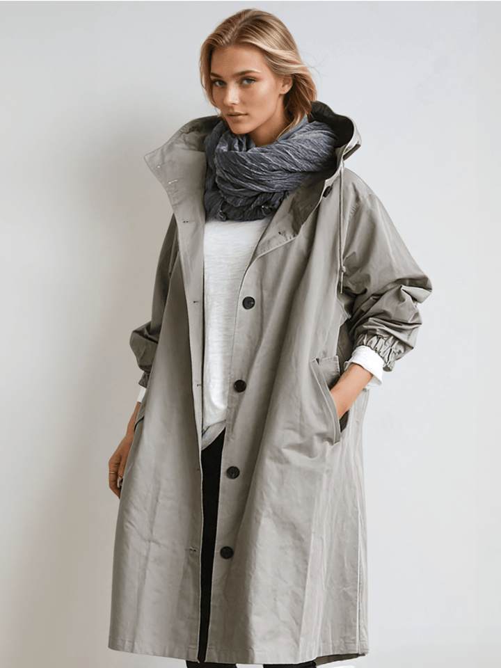 Marlena | Women's Hooded Long Trench Coat - Beige - Image 3