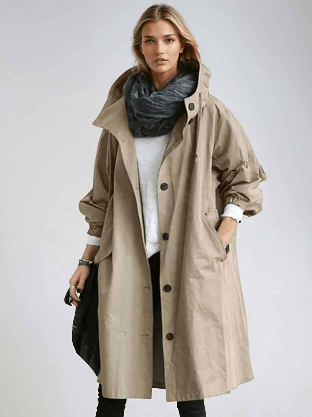 Marlena | Women's Hooded Long Trench Coat - Beige - Image 5