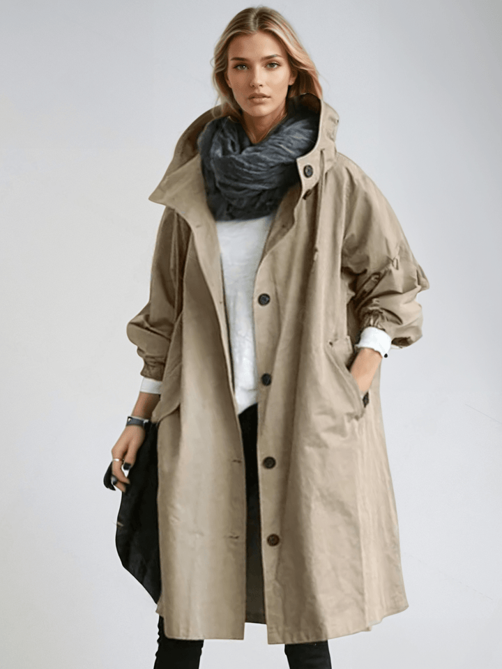 Marlena | Women's Hooded Long Trench Coat - Beige - Image 5