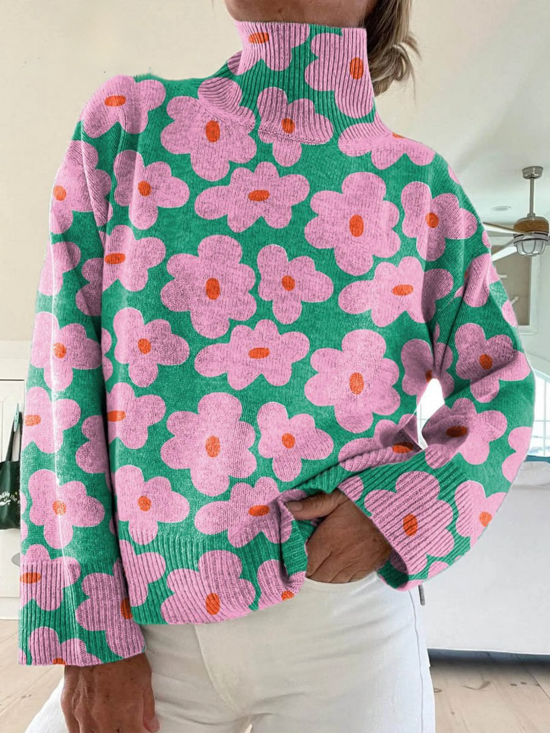 Marlowe | Women's Floral Mock Neck Long Sleeve Sweater - Floral - Image 1