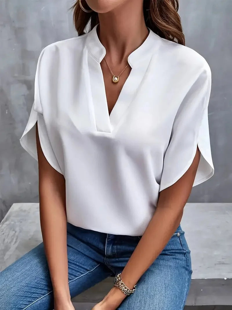 Marlowe | Women's V-Neck Blouse Relaxed Fit Short Sleeve - White - Image 1