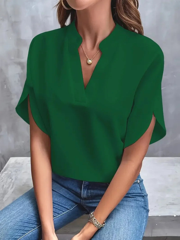 Marlowe | Women's V-Neck Blouse Relaxed Fit Short Sleeve - White - Image 2