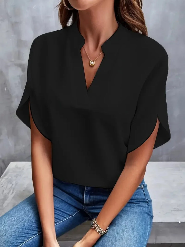 Marlowe | Women's V-Neck Blouse Relaxed Fit Short Sleeve - White - Image 3