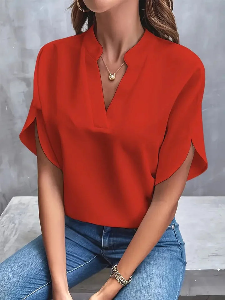 Marlowe | Women's V-Neck Blouse Relaxed Fit Short Sleeve - White - Image 5