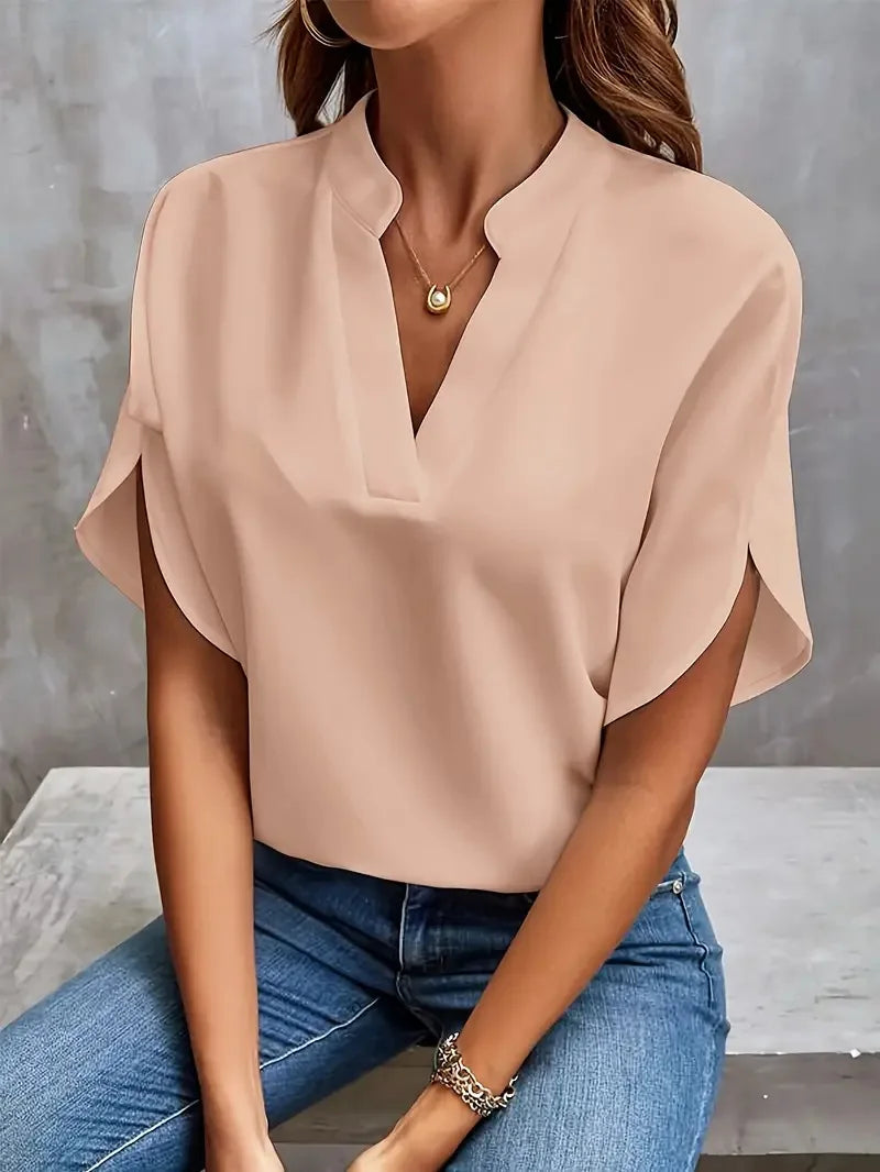 Marlowe | Women's V-Neck Blouse Relaxed Fit Short Sleeve - White - Image 6