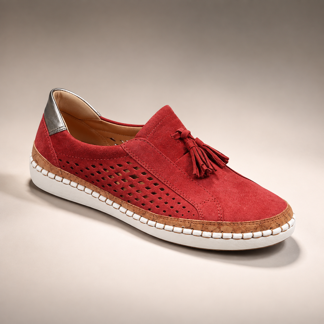 Marvelle | Women's Slip-On Sneakers Perforated Tassel - Red - Image 1