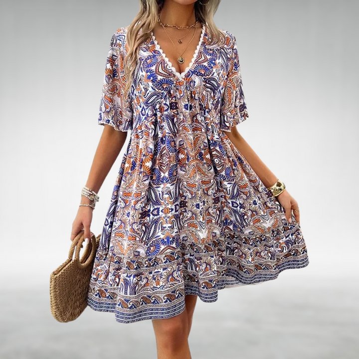 Meribel | Women's Boho Print Short Sleeve Mini Dress - Image 1