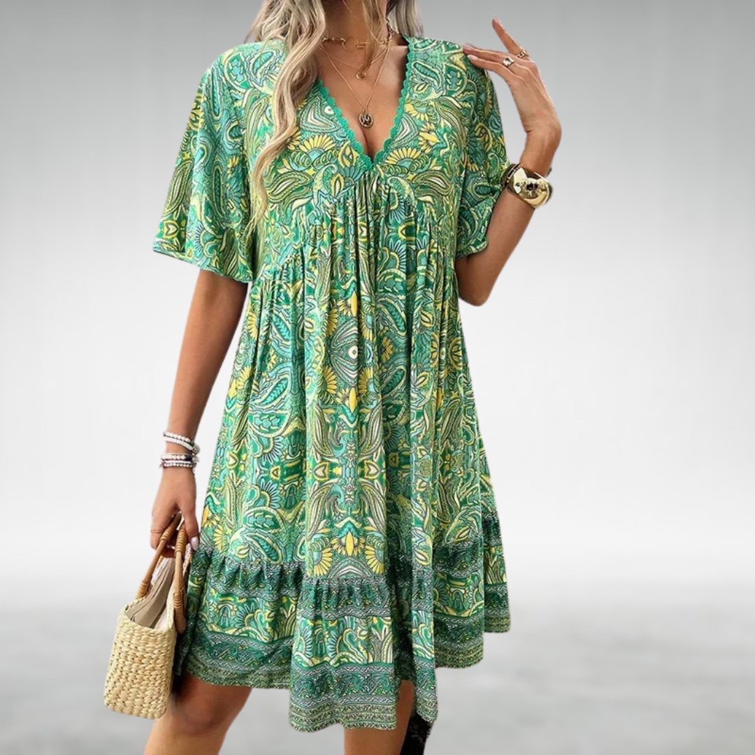 Meribel | Women's Boho Print Short Sleeve Mini Dress - Image 2