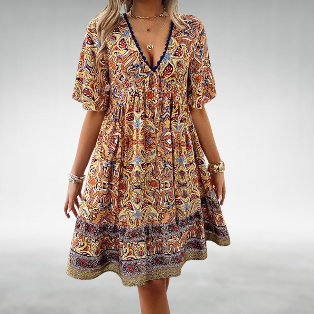 Meribel | Women's Boho Print Short Sleeve Mini Dress - Image 3